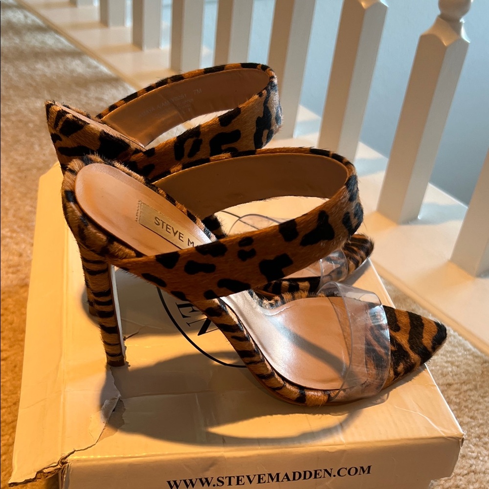 Steve Madden Animal Print Heels with Clear Strap - Picture 2 of 3